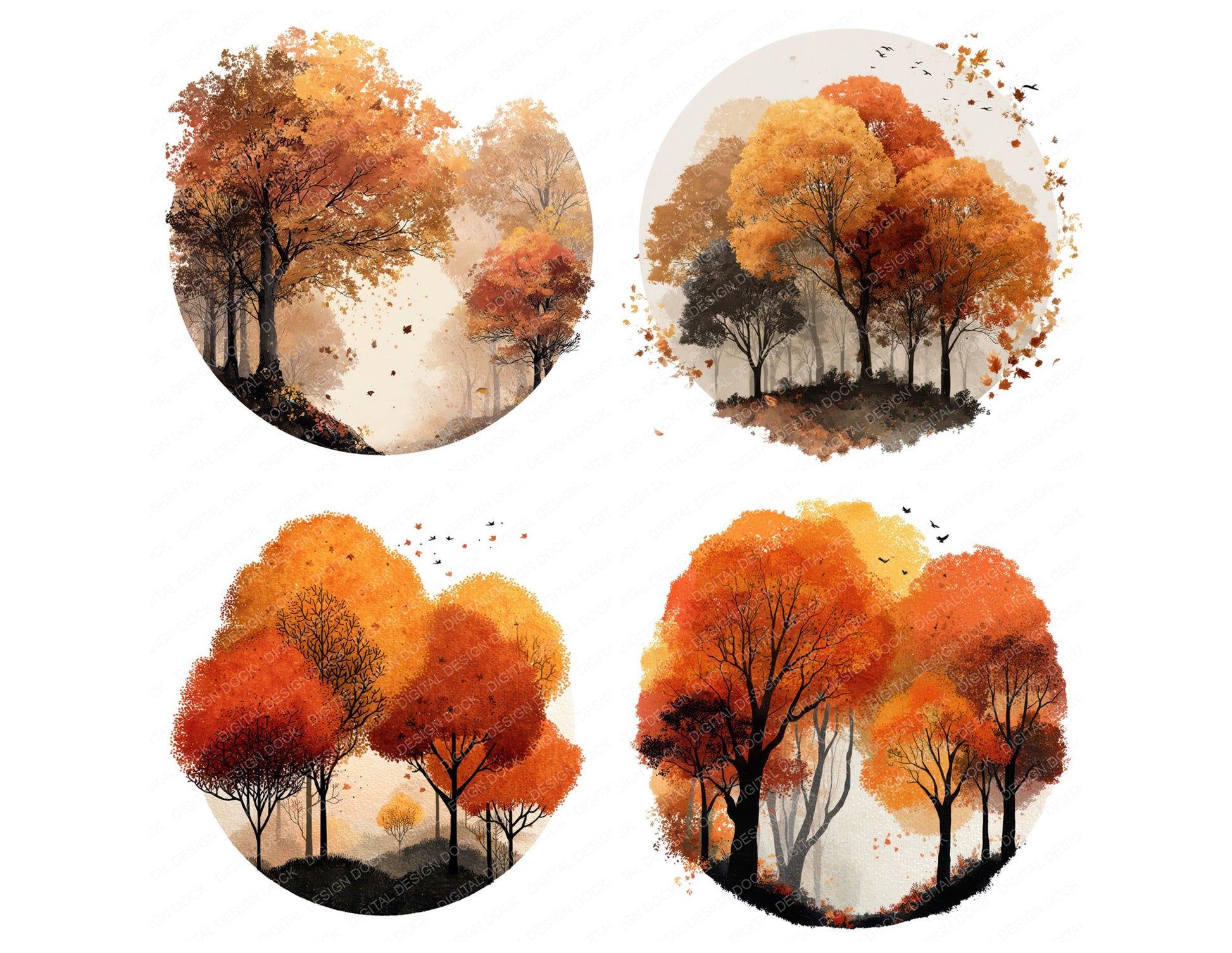 Close view of Watercolour Autumn Forest Circle clipart highlighting illustration detail and cohesive colour tones