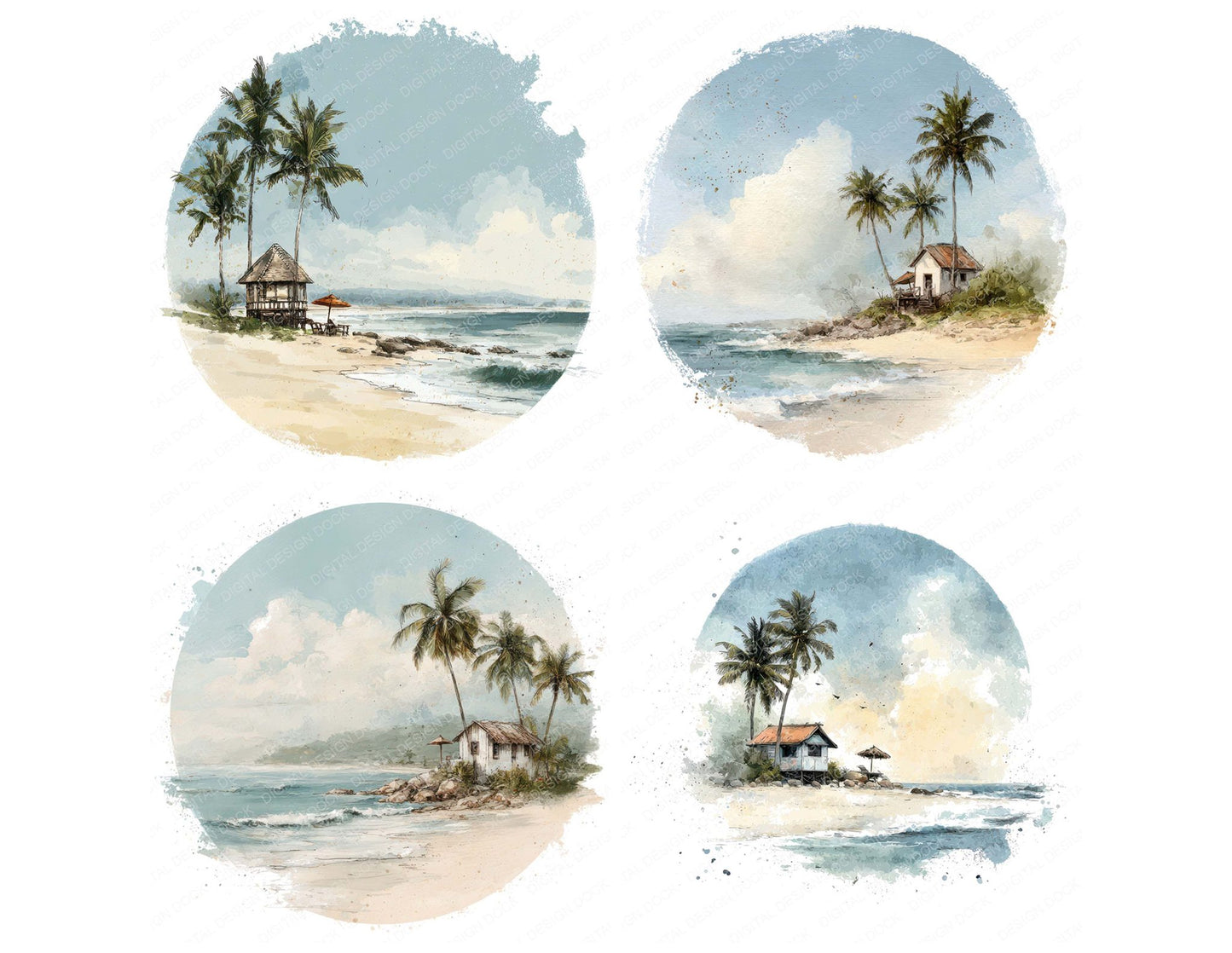 Watercolour Beach Circle Clipart Set (DDD008536)