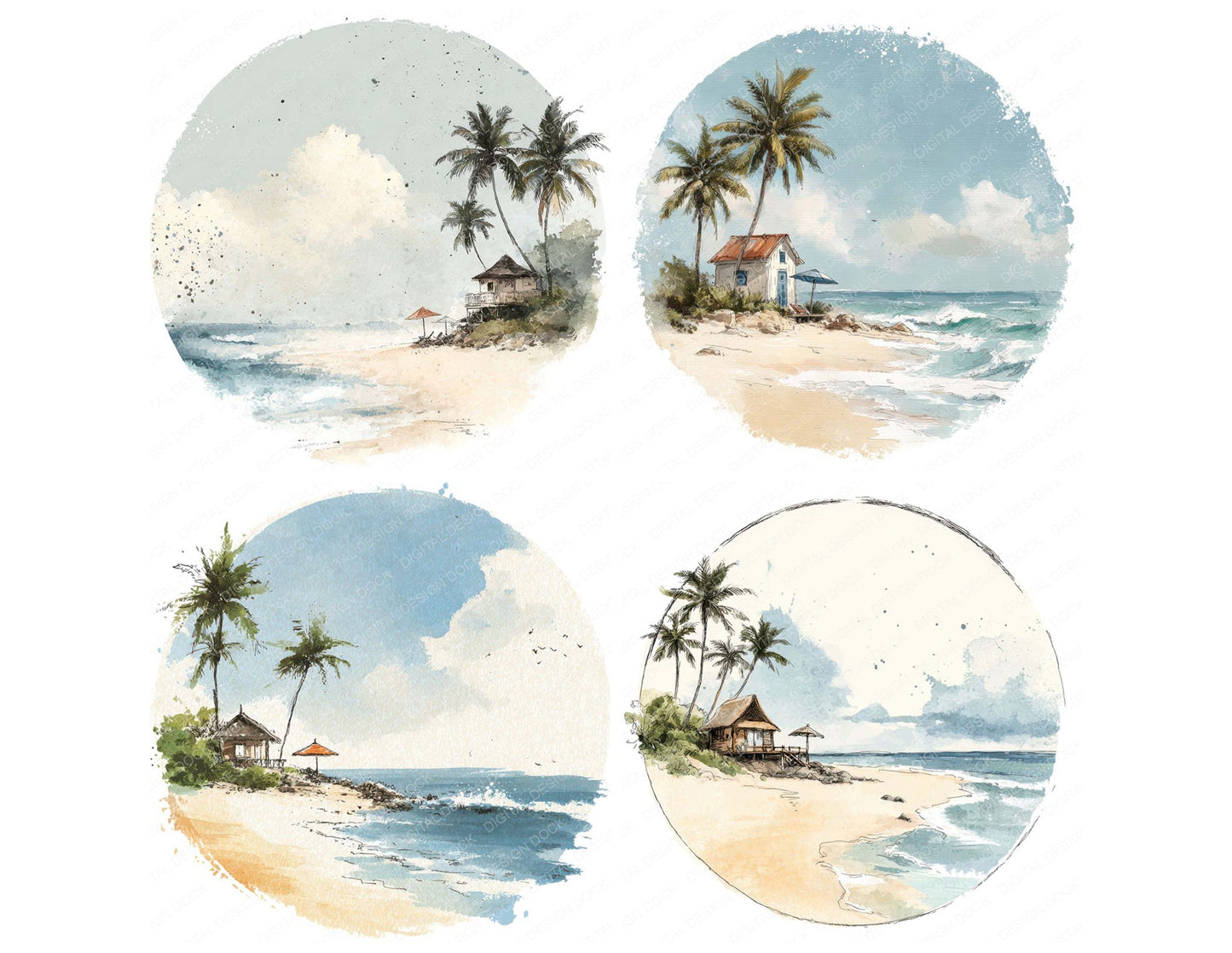 Watercolour Beach Circle Clipart Set (DDD008536)