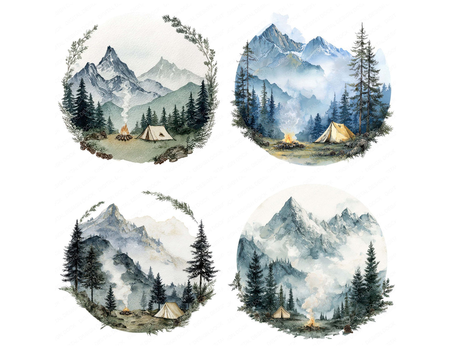 Watercolour Camping Circle Clipart Set (DDD008537)