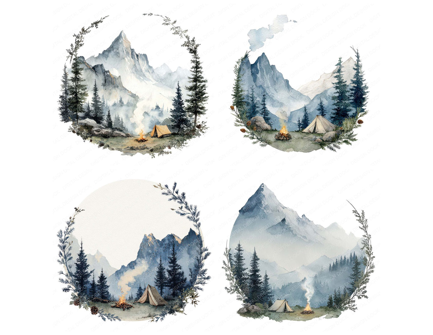 Watercolour Camping Circle Clipart Set (DDD008537)