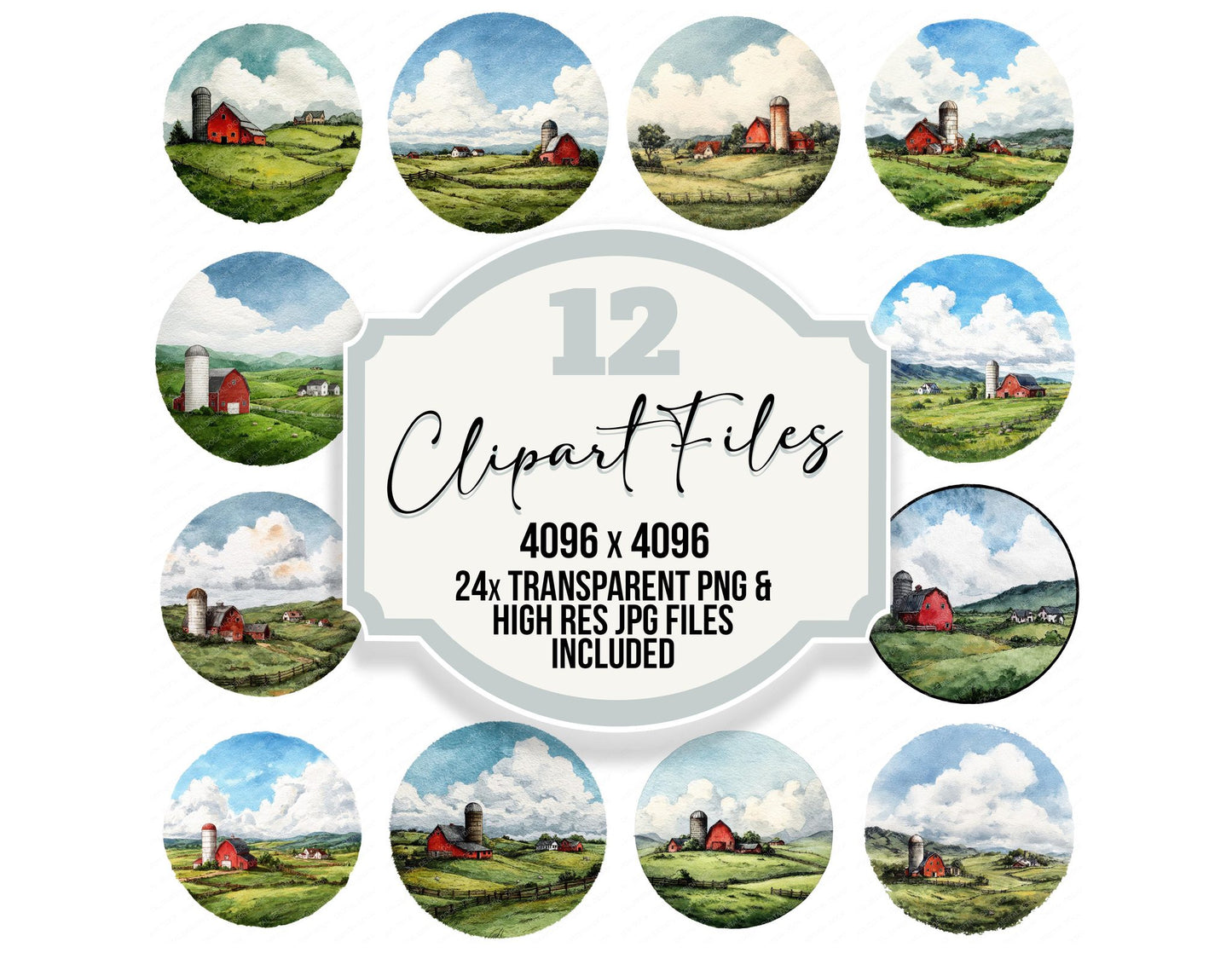 Watercolour Farm Circle Clipart Set (DDD008539)