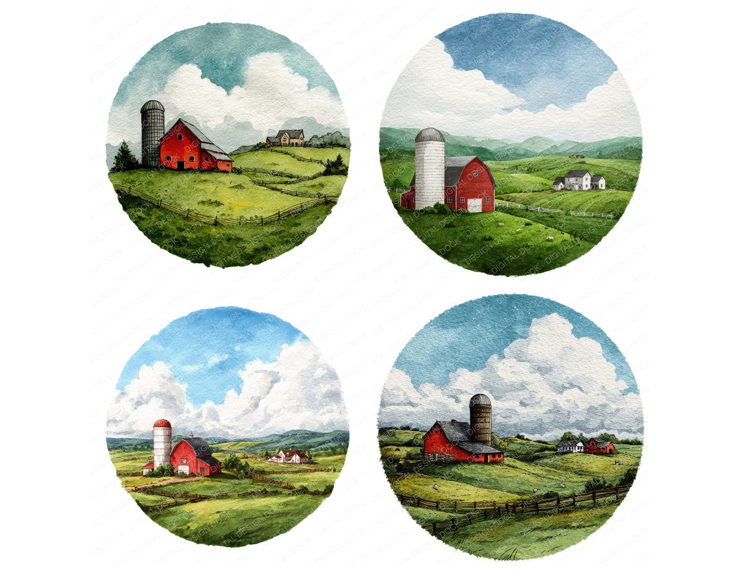 Watercolour Farm Circle Clipart Set (DDD008539)