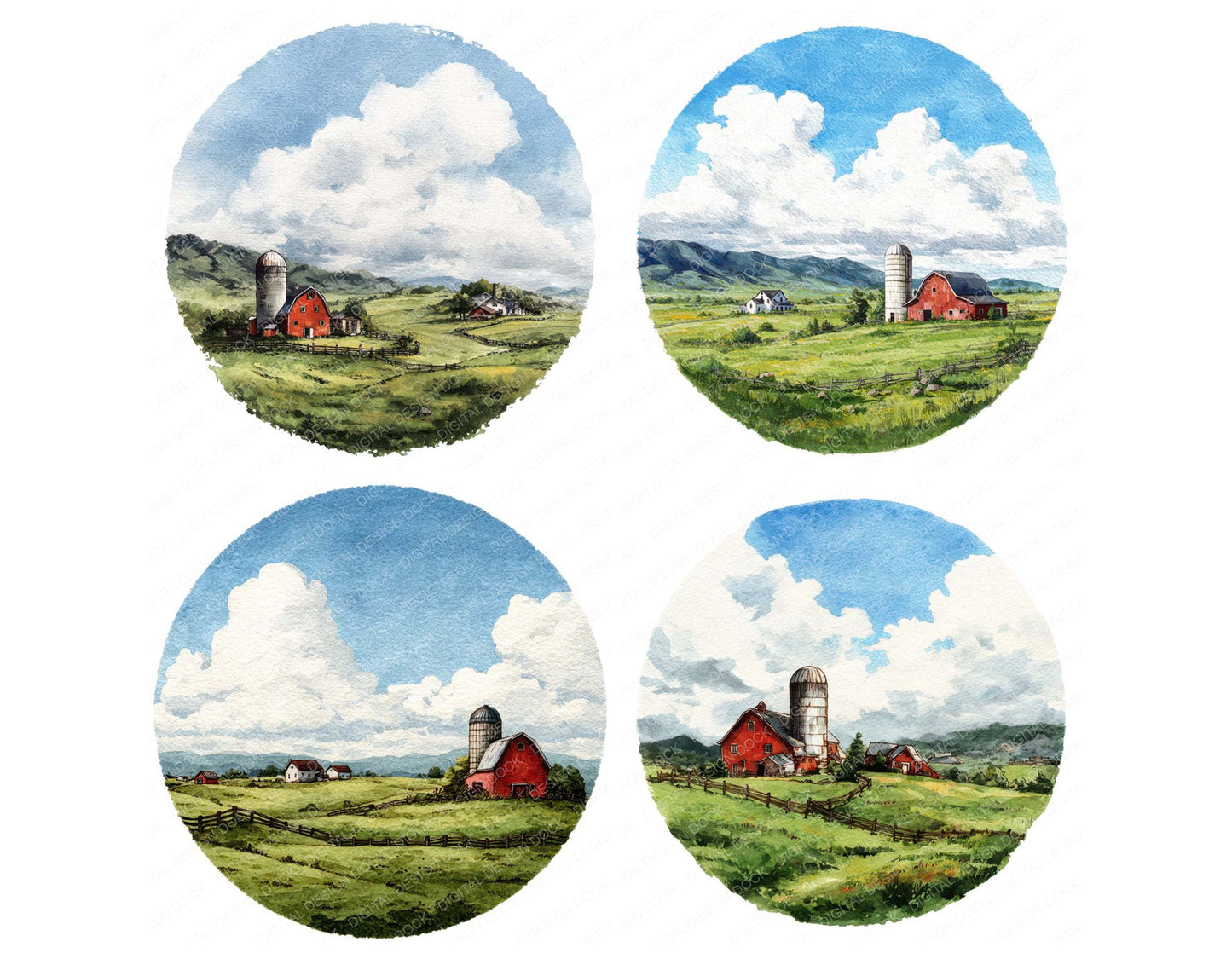 Watercolour Farm Circle Clipart Set (DDD008539)