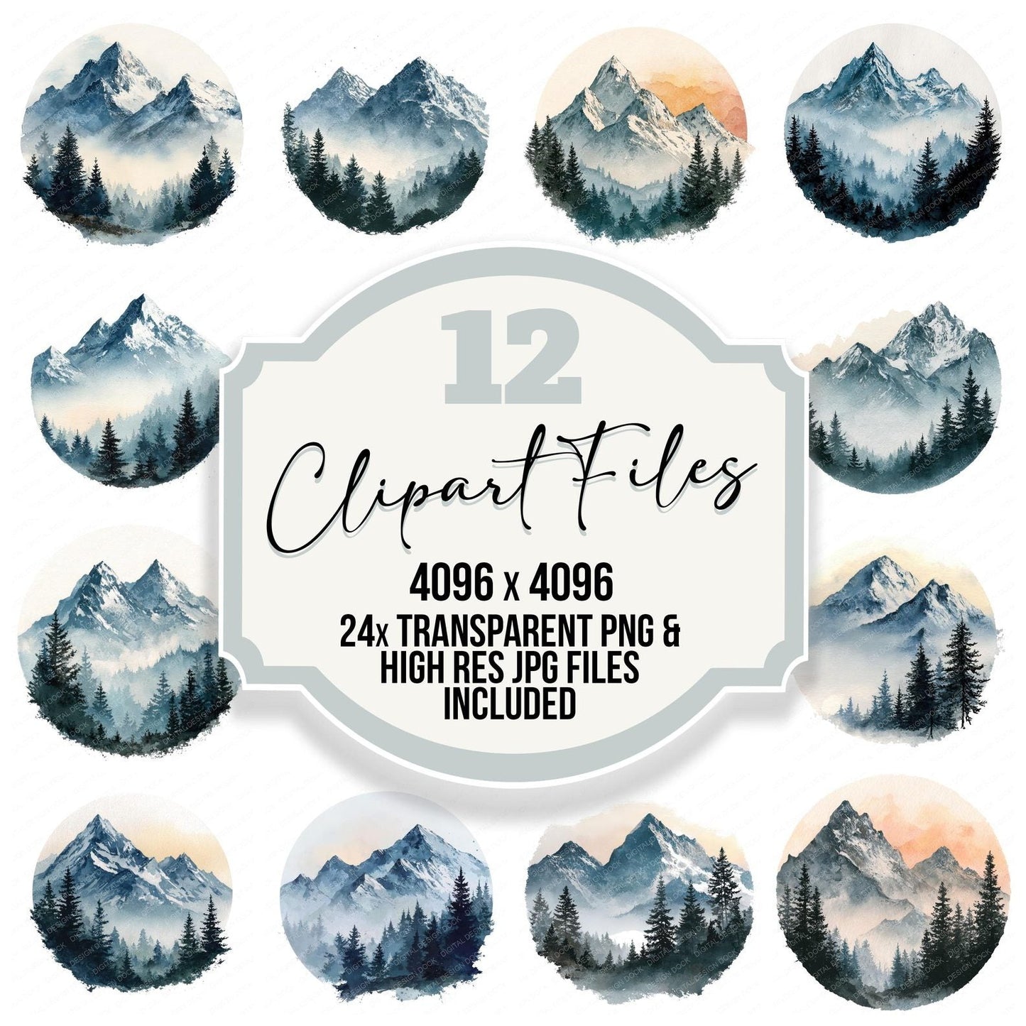 Watercolour Mountain Circle Clipart Set (DDD008543)