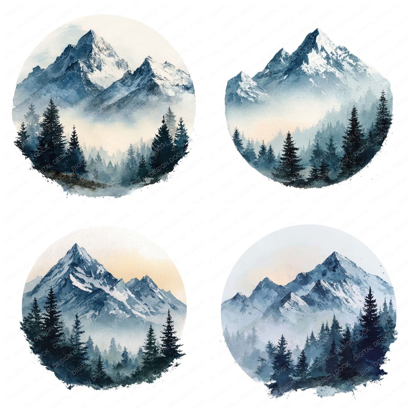 Watercolour Mountain Circle Clipart Set (DDD008543)