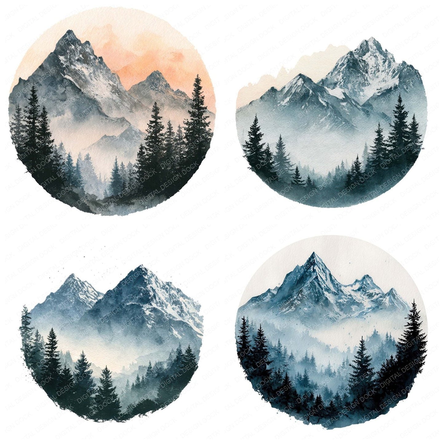 Watercolour Mountain Circle Clipart Set (DDD008543)