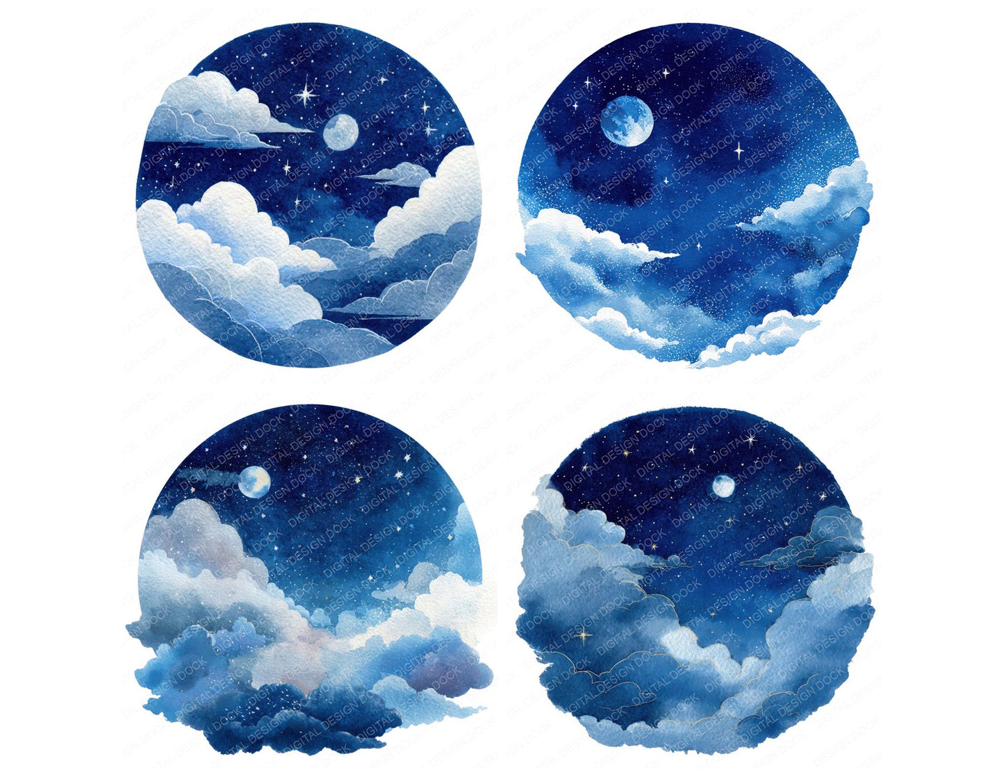 Watercolour Night Sky Circle Clipart Set (DDD008544)