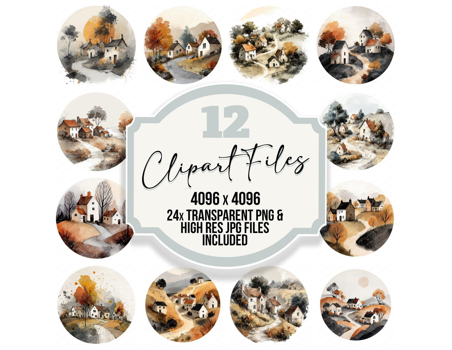 Watercolour Village Circle Clipart Set (DDD008545)