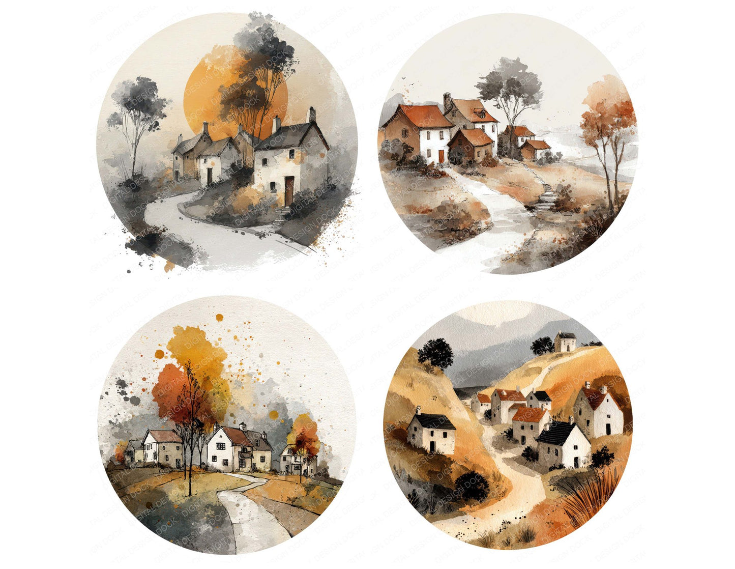 Watercolour Village Circle Clipart Set (DDD008545)