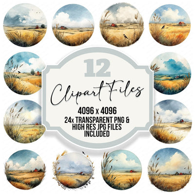 Watercolour Wheat Field Circle Clipart Set (DDD008546)