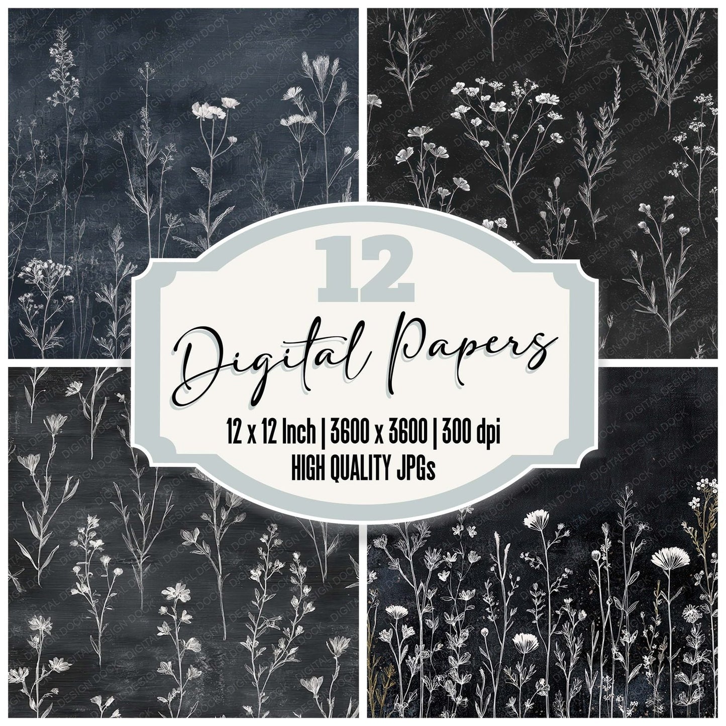 Chalkboard Wildflower Sketch Digital Paper Pack (DDD008548)