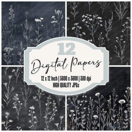 Chalkboard Wildflower Sketch Digital Paper Pack (DDD008548)