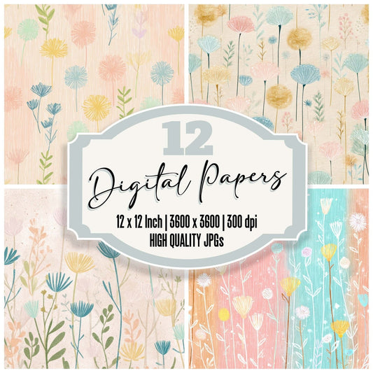 Crayon Wildflower Drawings Digital Paper Pack (DDD008549)