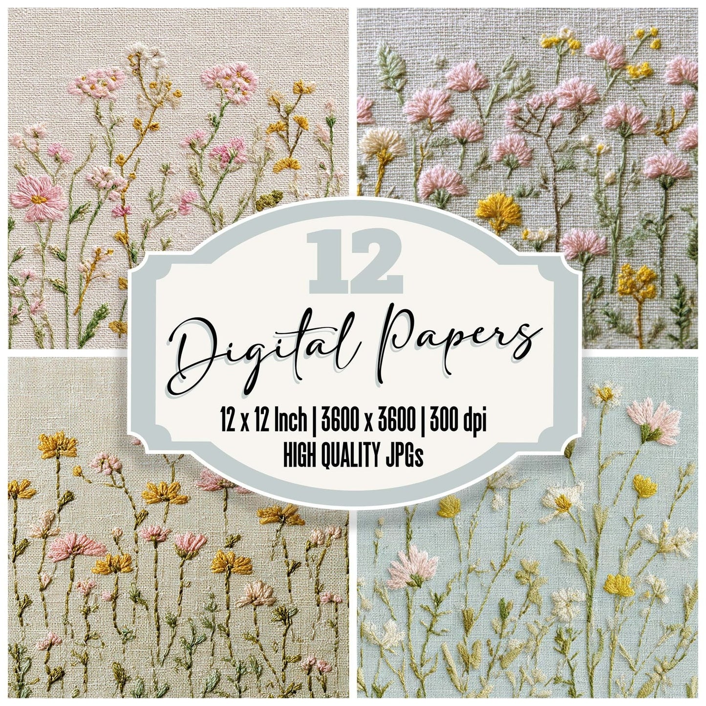 Linen Embroidered Wildflowers Digital Paper Pack (DDD008556)