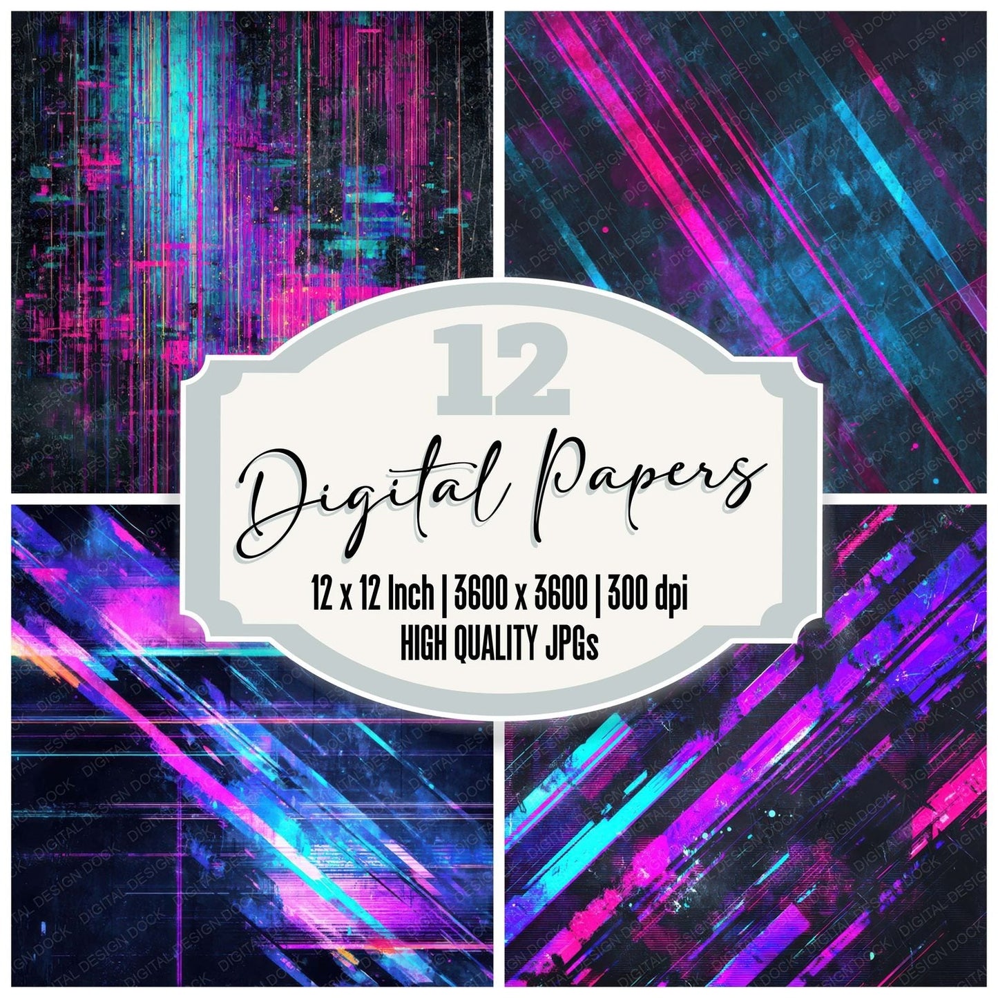 Neon Glitch Grunge Digital Paper Pack (DDD008574)