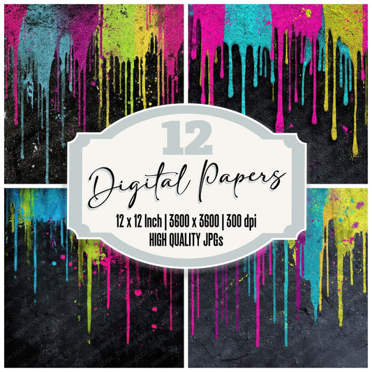 Neon Paint Drips Grunge Digital Paper Pack (DDD008581)