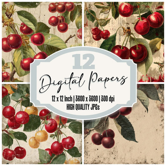 Vintage Cherry Label Digital Paper Pack (DDD008656)