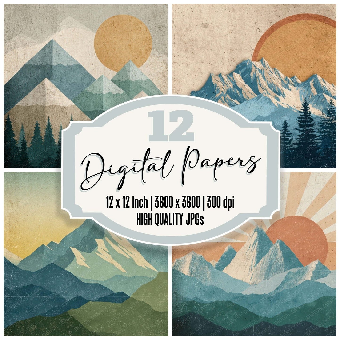 Vintage Mountain Poster Digital Paper Pack (DDD008663)