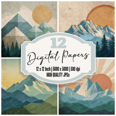 Vintage Mountain Poster digital paper pack cover showing four of the 12 papers
