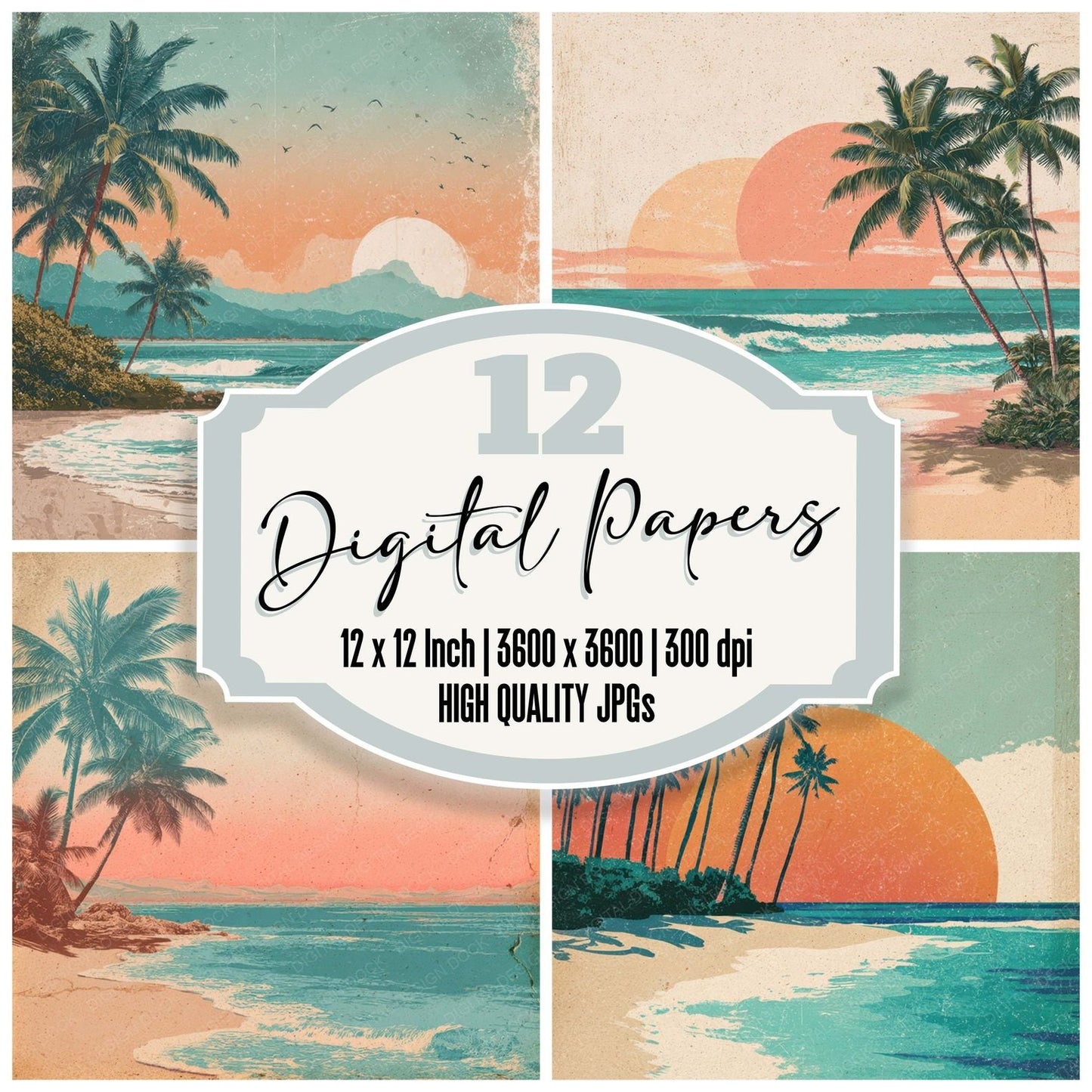 Vintage Beach Poster Digital Paper Pack (DDD008670)