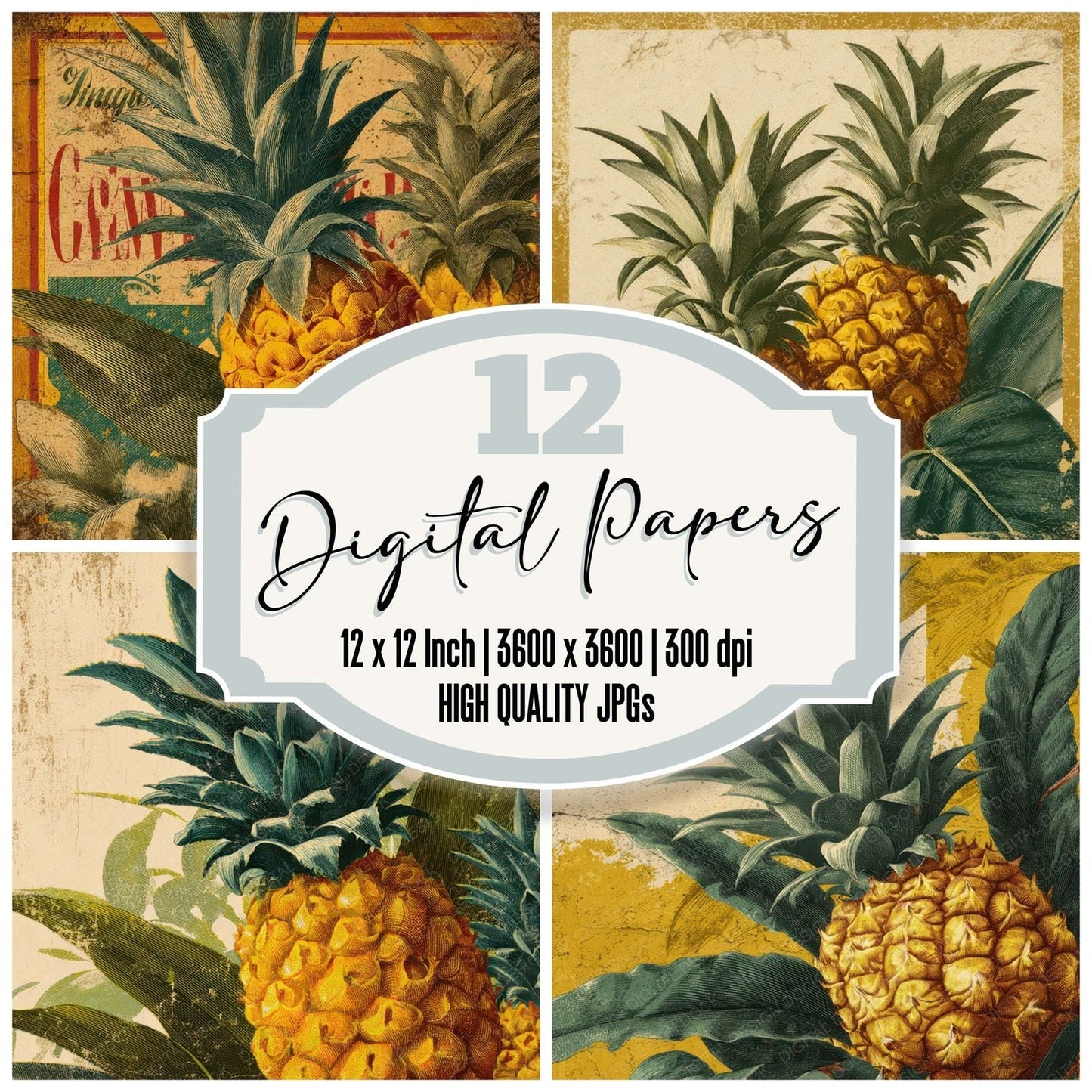 Vintage Pineapple Label Digital Paper Pack (DDD008680)