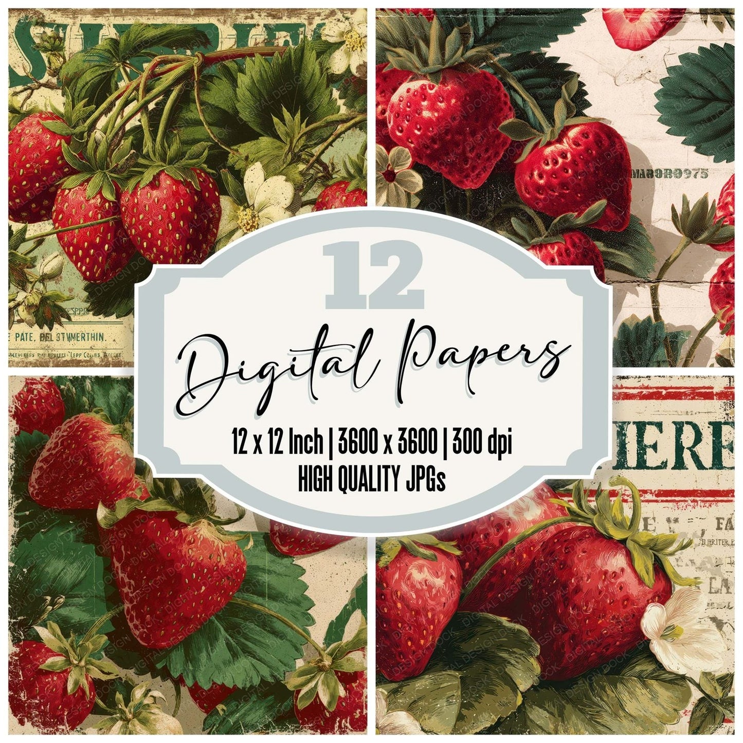 Vintage Strawberry Label Digital Paper Pack (DDD008683)