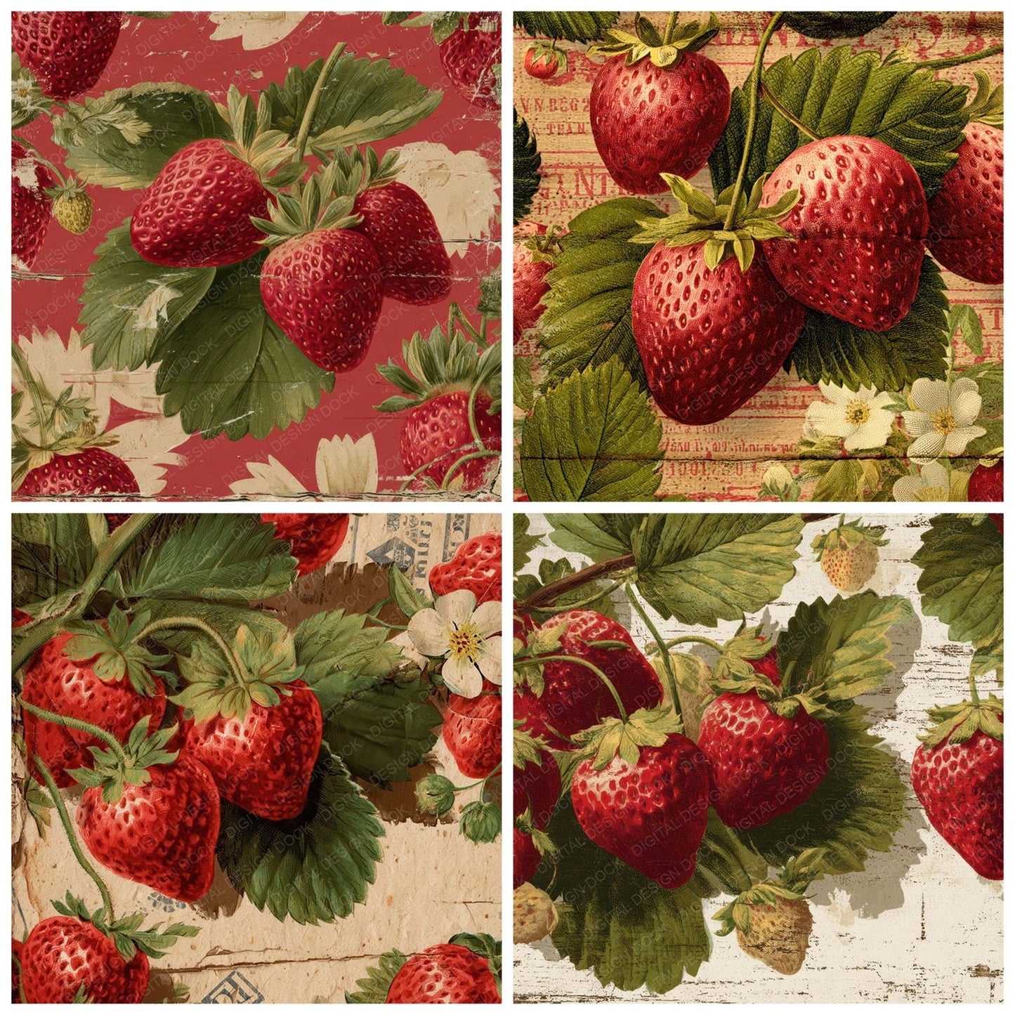 Vintage Strawberry Label Digital Paper Pack (DDD008683)