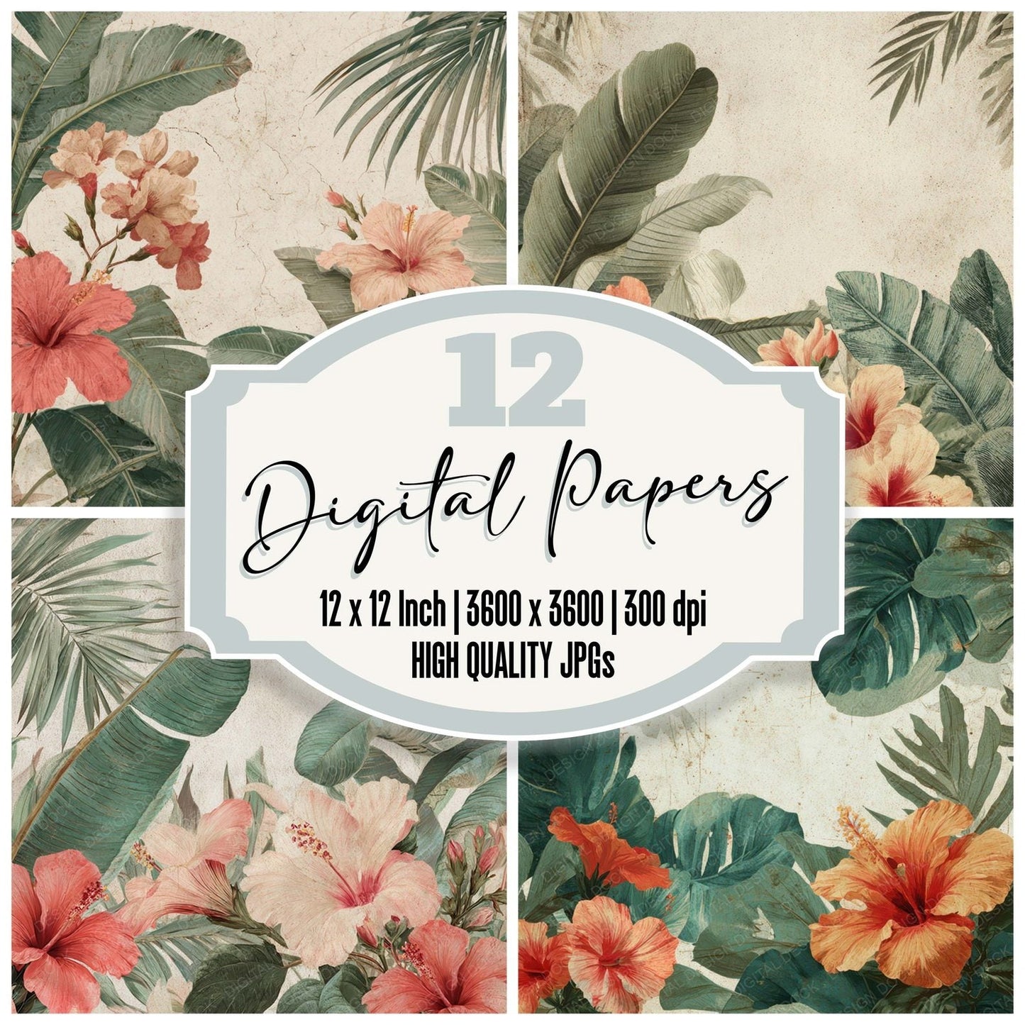 Vintage Tropical Banana Leaves Digital Paper Pack (DDD008685)
