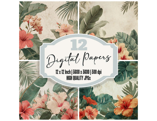 Vintage Tropical Banana Leaves digital paper pack designed for background pages in junk journaling and paper craft projects