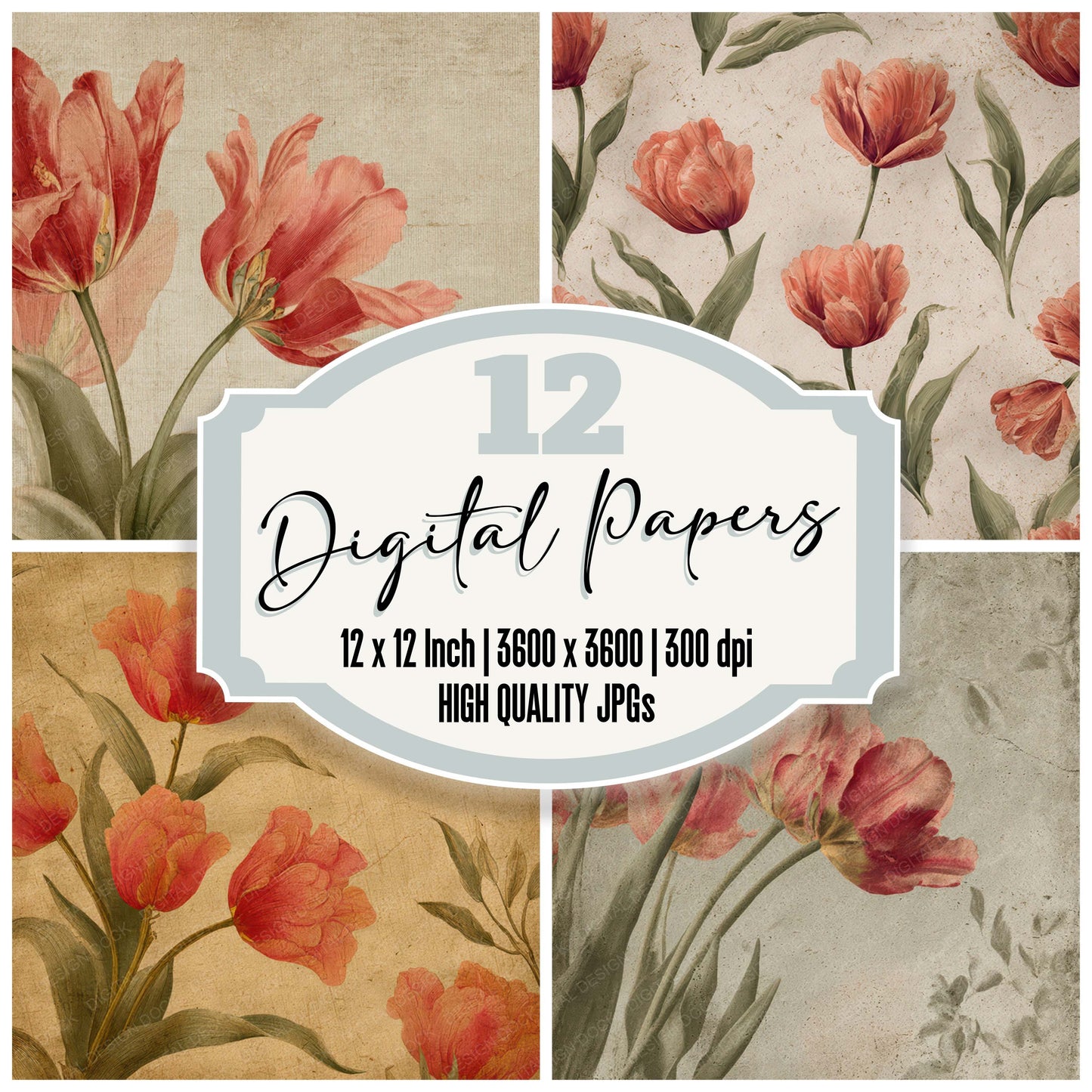 Vintage Tulip Overlay Digital Paper Pack (DDD008686)