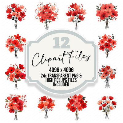 Minimal Red Flower Bouquet Clipart Set (DDD008692)