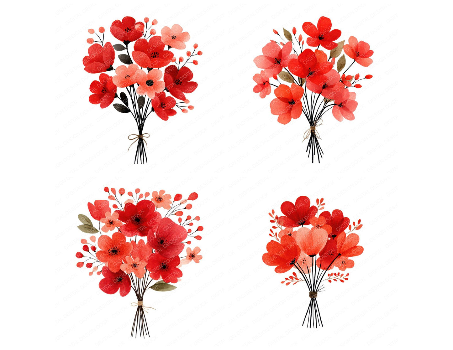 Minimal Red Flower Bouquet Clipart Set (DDD008692)
