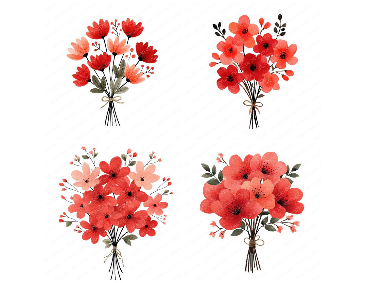 Minimal Red Flower Bouquet Clipart Set (DDD008692)