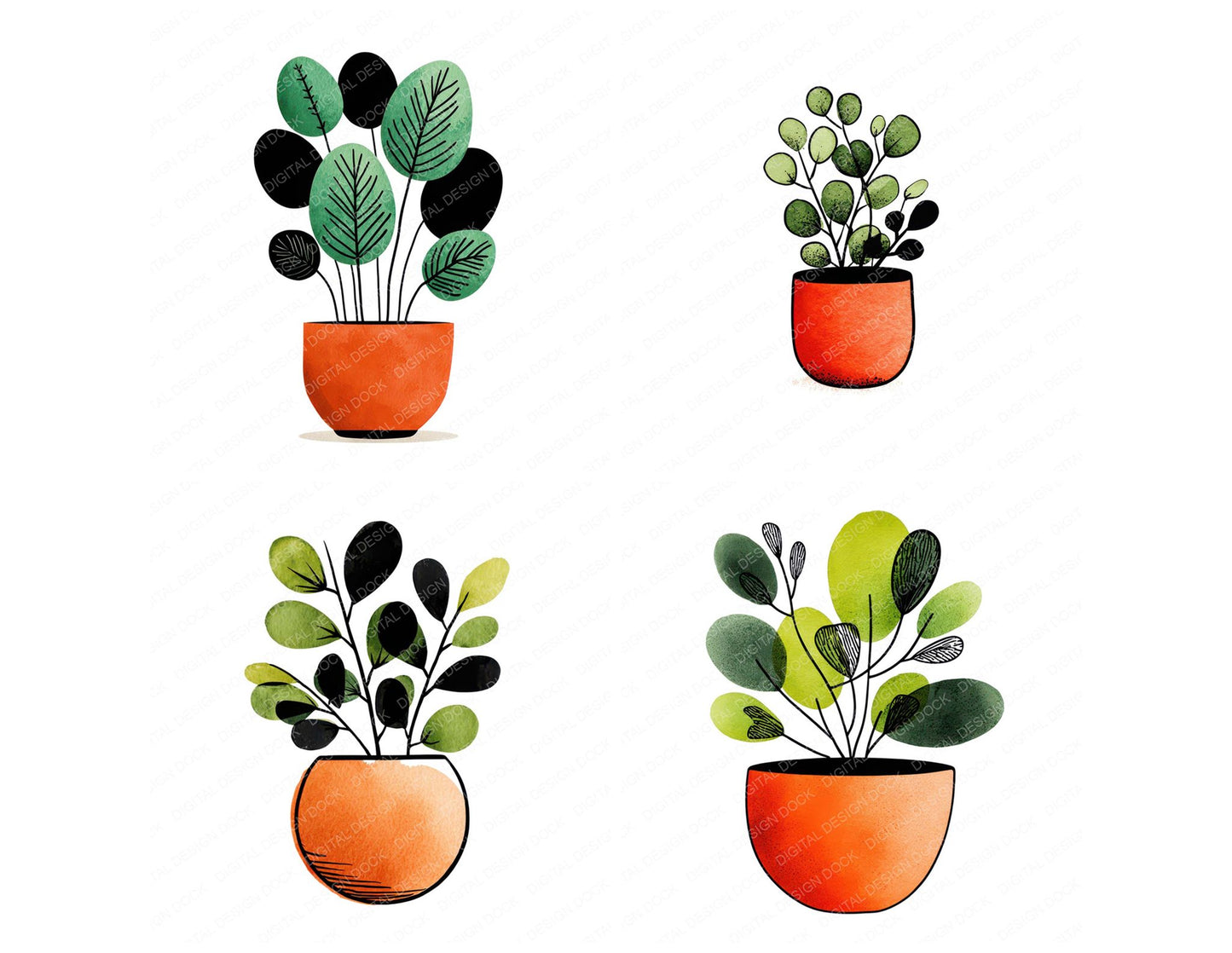 Simple Minimal Potted Plant Illustration Clipart Set (DDD008702)