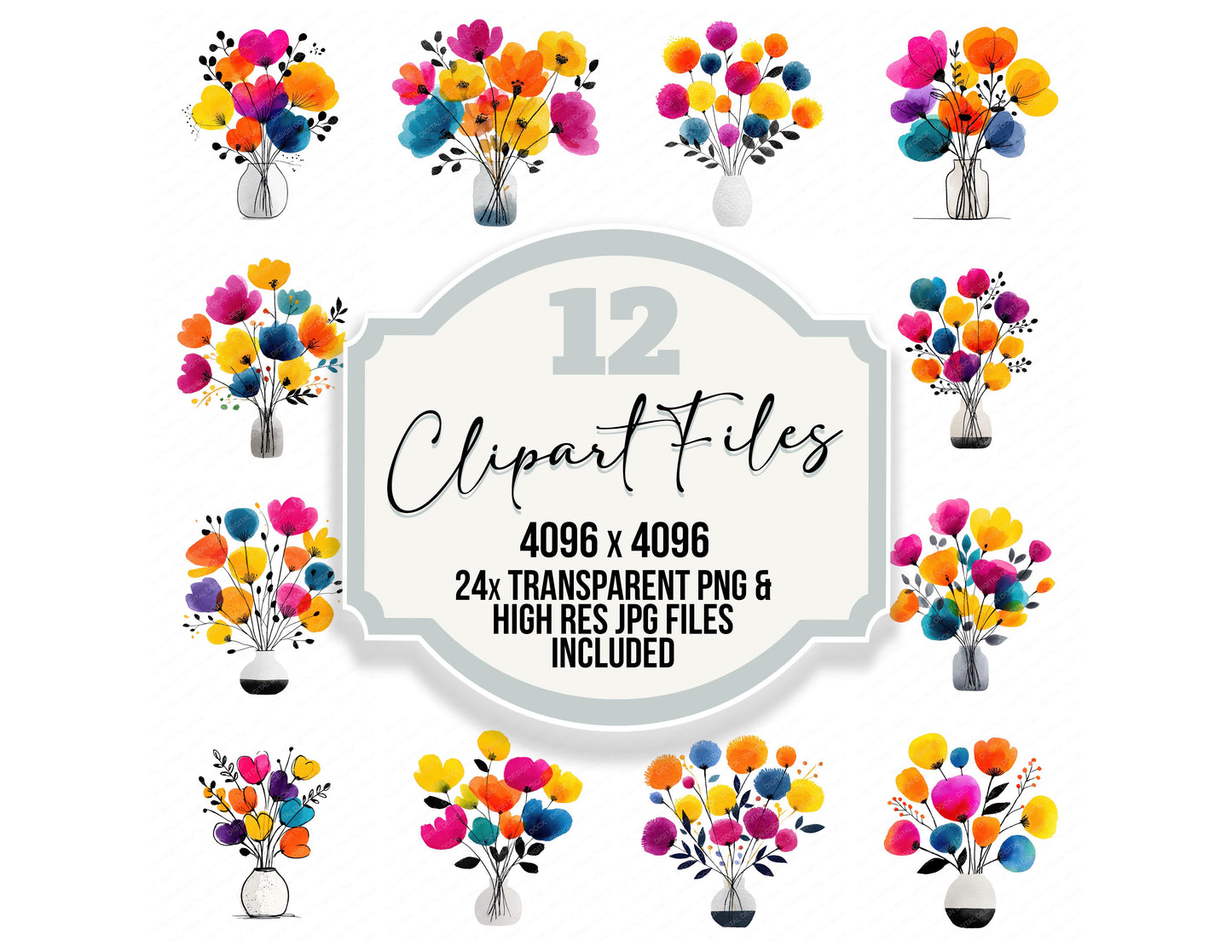 Vase Summer Flower Bouquet clipart set with transparent PNGs and high resolution JPGs for crafting and design projects