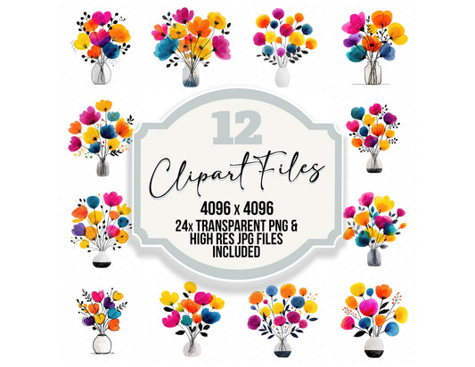 Vase Summer Flower Bouquet clipart set with transparent PNGs and high resolution JPGs for crafting and design projects