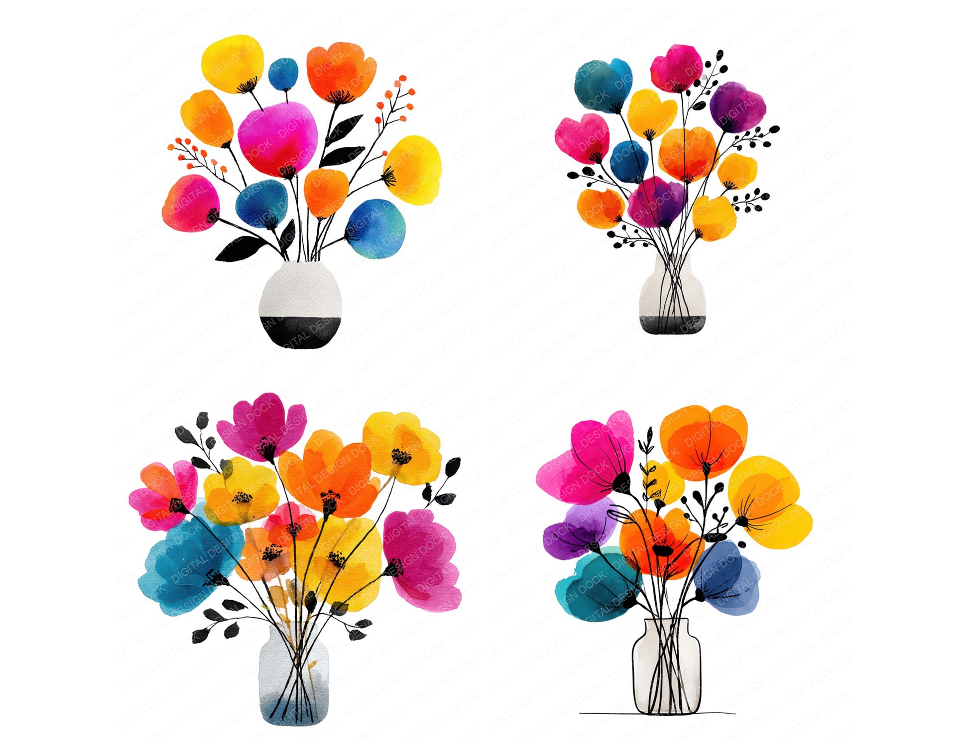 Close view of Vase Summer Flower Bouquet clipart highlighting illustration detail and cohesive colour tones