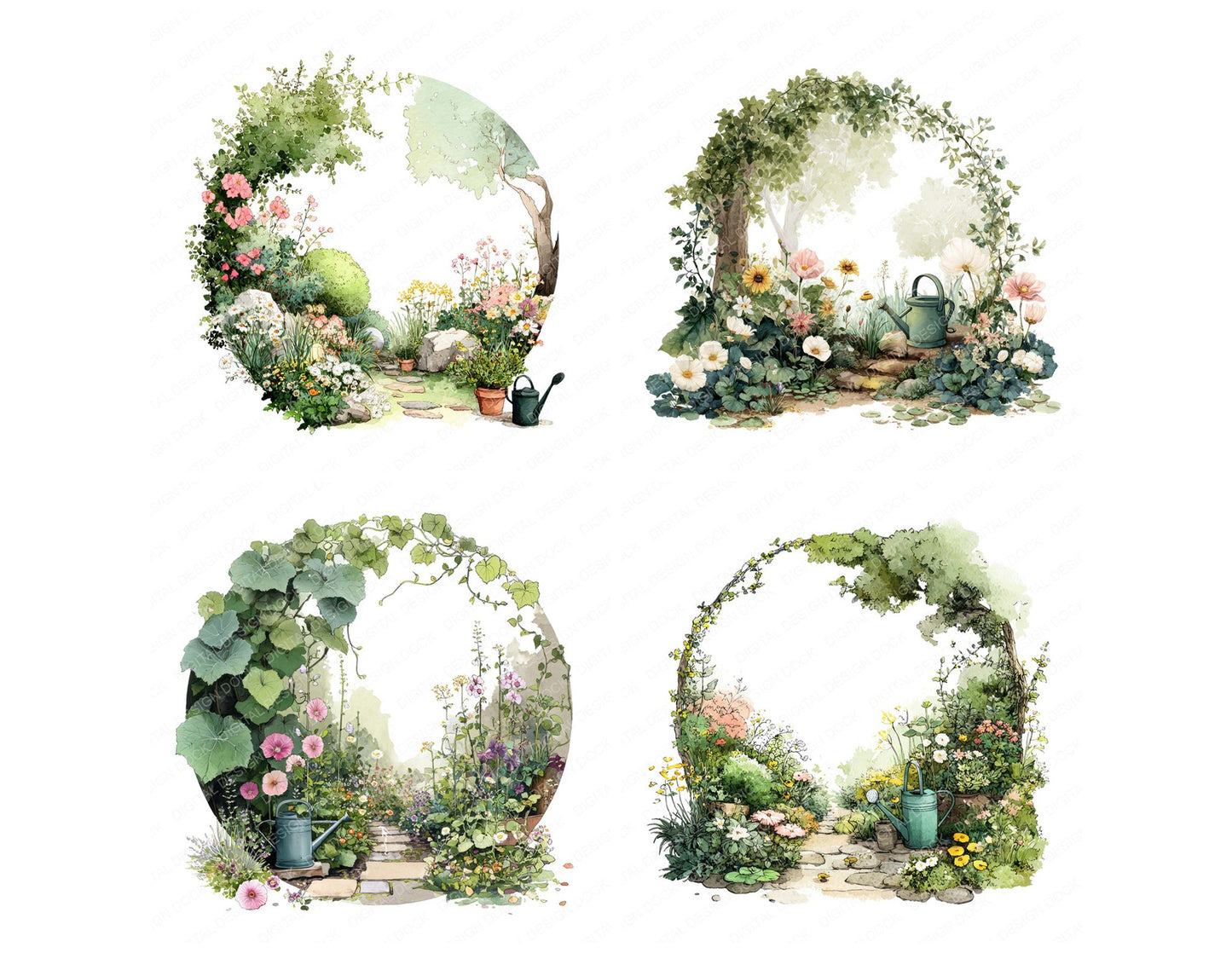 Watercolour Garden Circle Clipart Set (DDD008705)