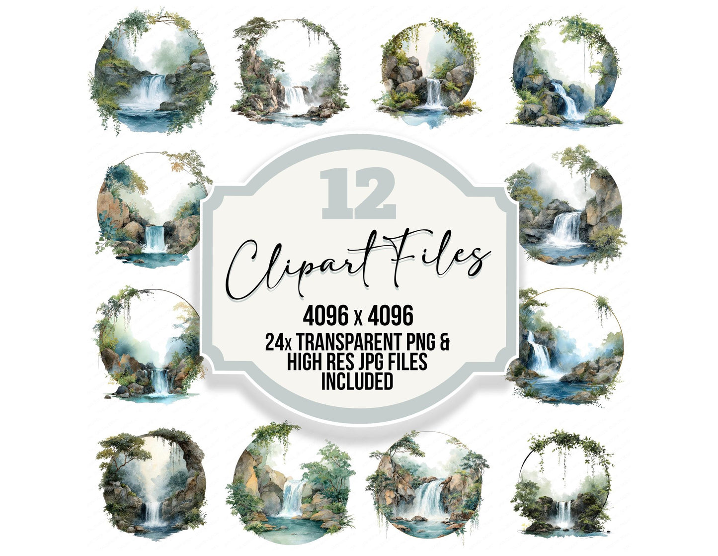 Watercolour Waterfall Circle Clipart Set (DDD008706)