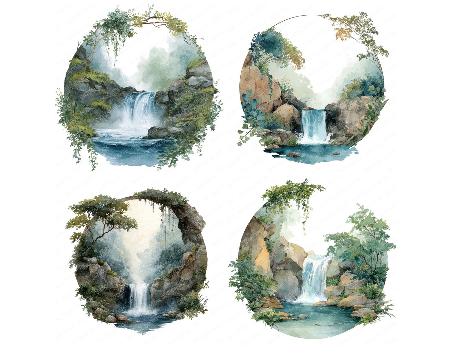 Watercolour Waterfall Circle Clipart Set (DDD008706)