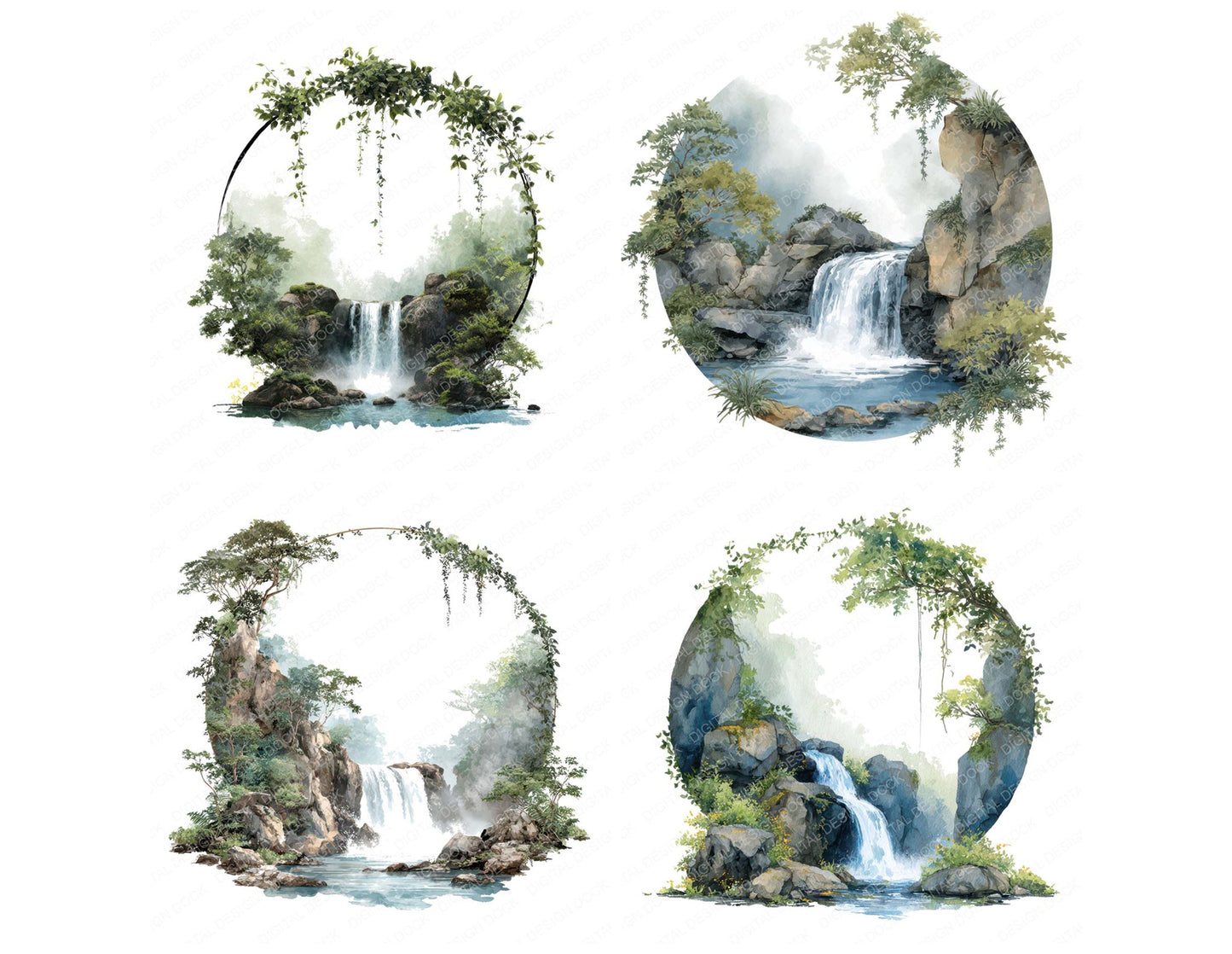 Watercolour Waterfall Circle Clipart Set (DDD008706)