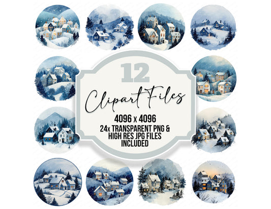 Watercolour Winter Village Circle clipart set with transparent PNGs and high resolution JPGs for crafting and design projects