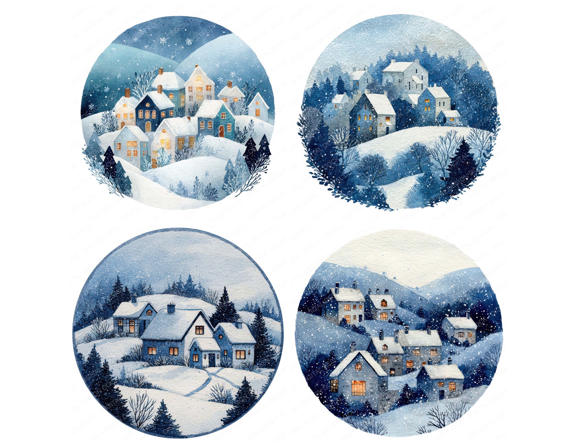 Preview layout showing Watercolour Winter Village Circle clipart elements for scrapbooking, junk journals, and card making