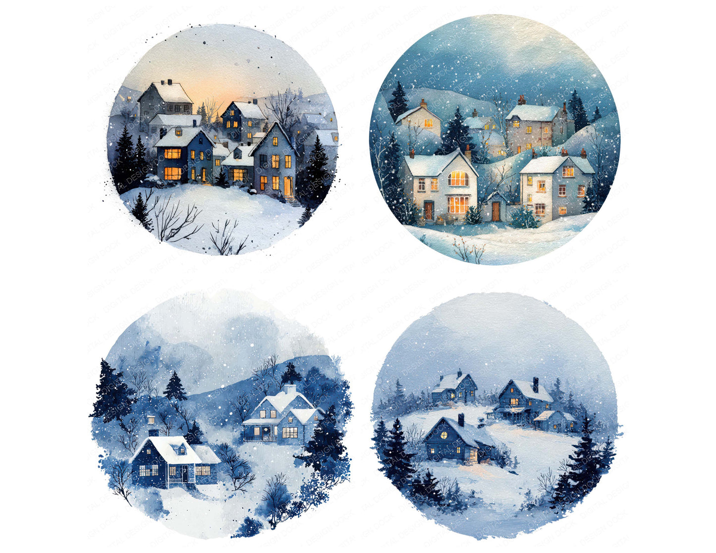 Close view of Watercolour Winter Village Circle clipart highlighting illustration detail and cohesive colour tones
