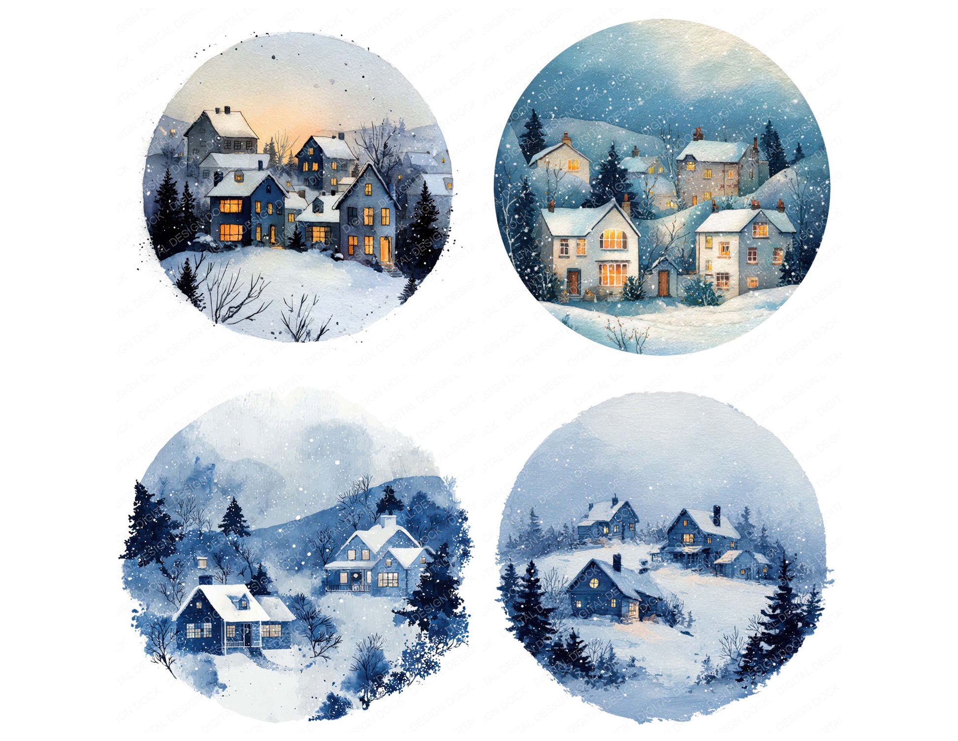 Close view of Watercolour Winter Village Circle clipart highlighting illustration detail and cohesive colour tones