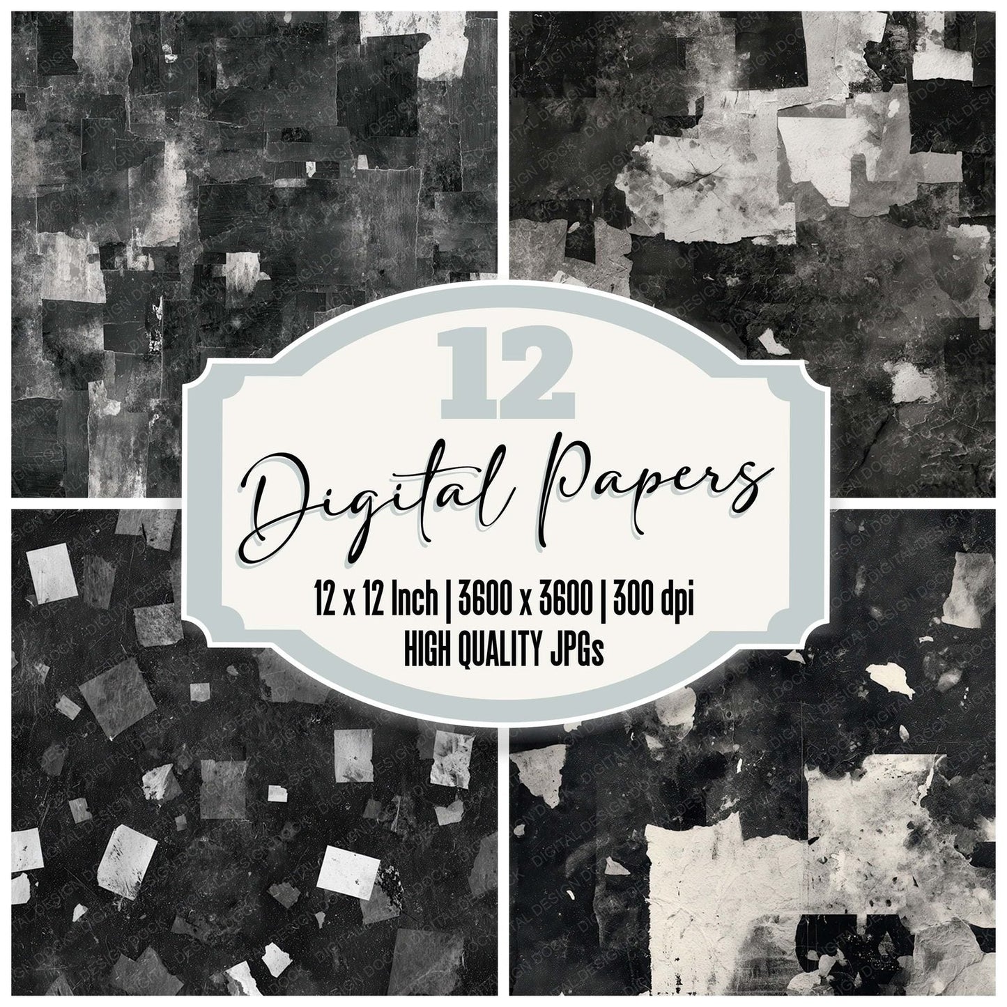 Black Collage Fragments Digital Paper Pack (DDD008708)