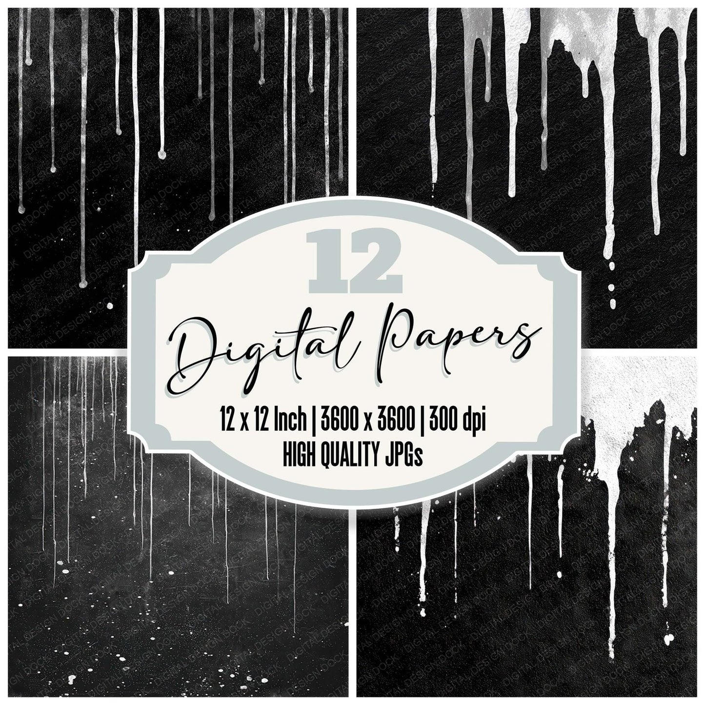 Black White Ink Drips Digital Paper Pack (DDD008721)