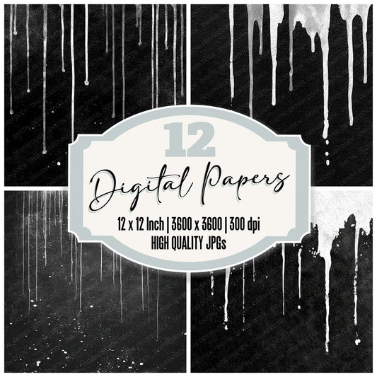Black White Ink Drips Digital Paper Pack (DDD008721)