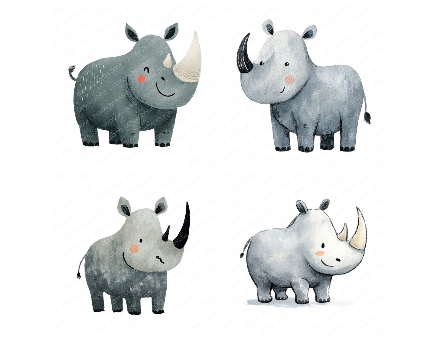 Simple Minimal Rhino Illustration Clipart Set (DDD008763)